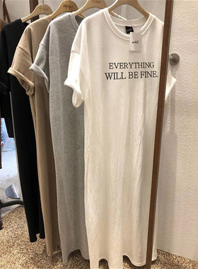 白色连衣裙宽松纯棉短袖长款t恤女裙子胖mm遮肚显瘦大码开叉长裙