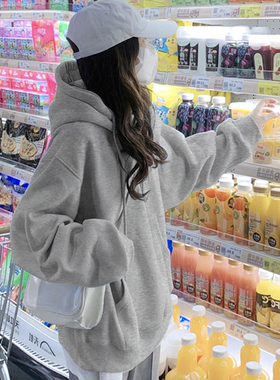灰色即墨卫衣女2026新款爆款秋冬加绒连帽慵懒风大码女装宽松上衣