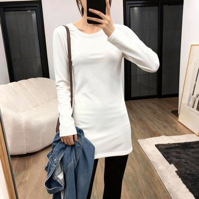 白色修身中长款上衣女遮屁股洋气