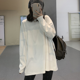 2023新款 白色长袖 打底衫 加绒显瘦宽松上衣中长款 女秋冬 t恤女大码