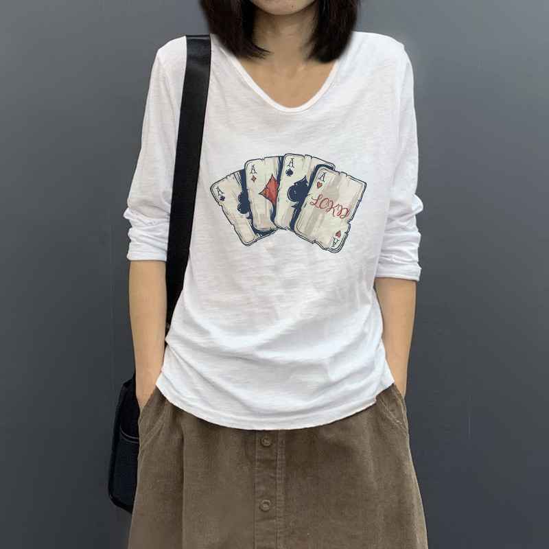 秋季女装白色竹节棉印花长袖纯棉t恤女2024新款显瘦宽松V领上衣女