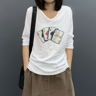 显瘦宽松V领上衣女 秋季 女装 白色竹节棉印花长袖 纯棉t恤女2024新款