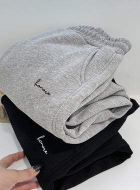 灰色运动裤女宽松bf慵懒风束脚直筒休闲裤大码胖mm加绒裤子女冬季