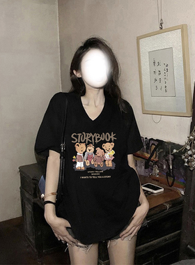 夏季黑色美式纯棉短袖t恤女2026新款v领大码女装休闲显瘦宽松上衣