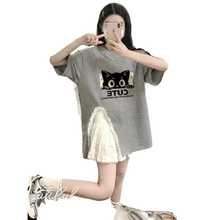 夏季圆领美式纯棉短袖t恤女2026新款爆款设计感宽松开叉别致上衣