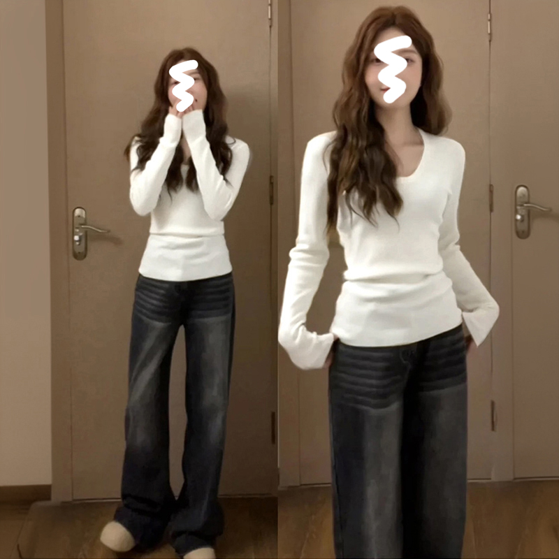 长袖正肩t恤u领修身白色上衣