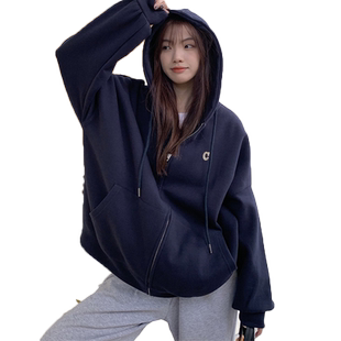 开衫卫衣外套ins潮原宿港风女秋冬oversize大码加绒连帽拉链上衣