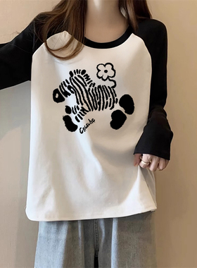 纯棉早秋长袖t恤女2026新款插肩袖撞色设计感上衣女胖mm大码女装