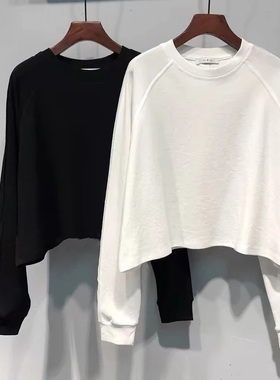 白色长袖t恤女2026新款宽松慵懒风胖mm显瘦圆领短款上衣女春秋季