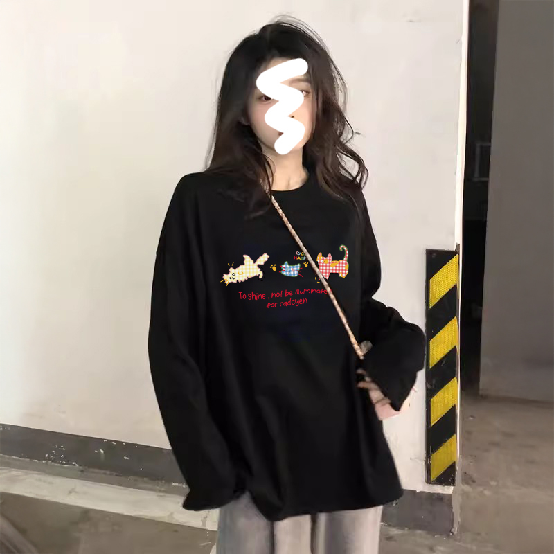 黑色长袖t恤女宽松大码胖mm打底