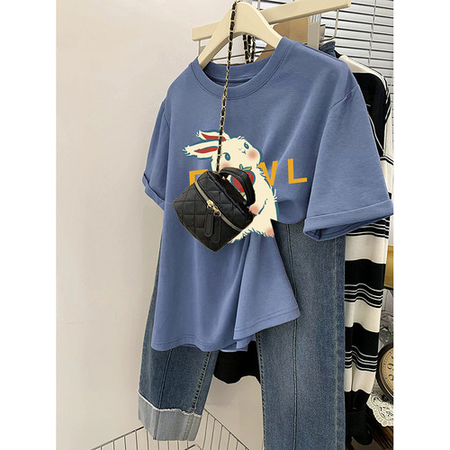 蓝色t恤女多巴胺穿搭短袖女微胖