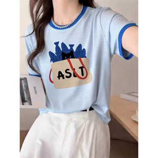 竹节棉短袖t恤女2026新款宽松夏日女装蓝色超火小众不撞款上衣夏