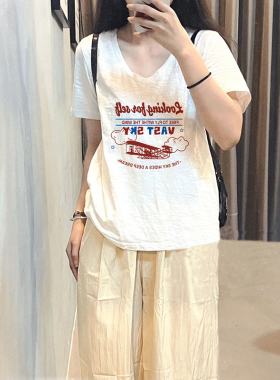 夏季女装竹节棉白色短袖t恤女2026新款休闲v领宽松显瘦遮肉上衣女