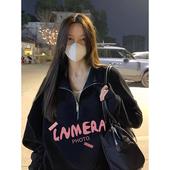 爆款 美式 复古卫衣女2026新款 oversize秋冬半拉链加绒polo领上衣女