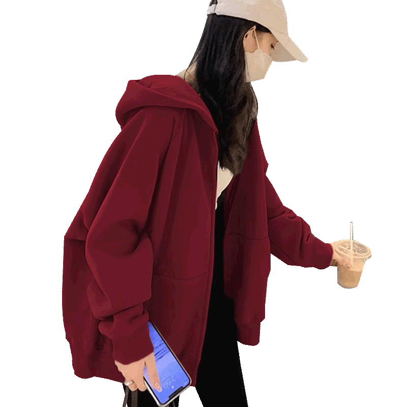 酒红色加绒卫衣外套女秋冬款