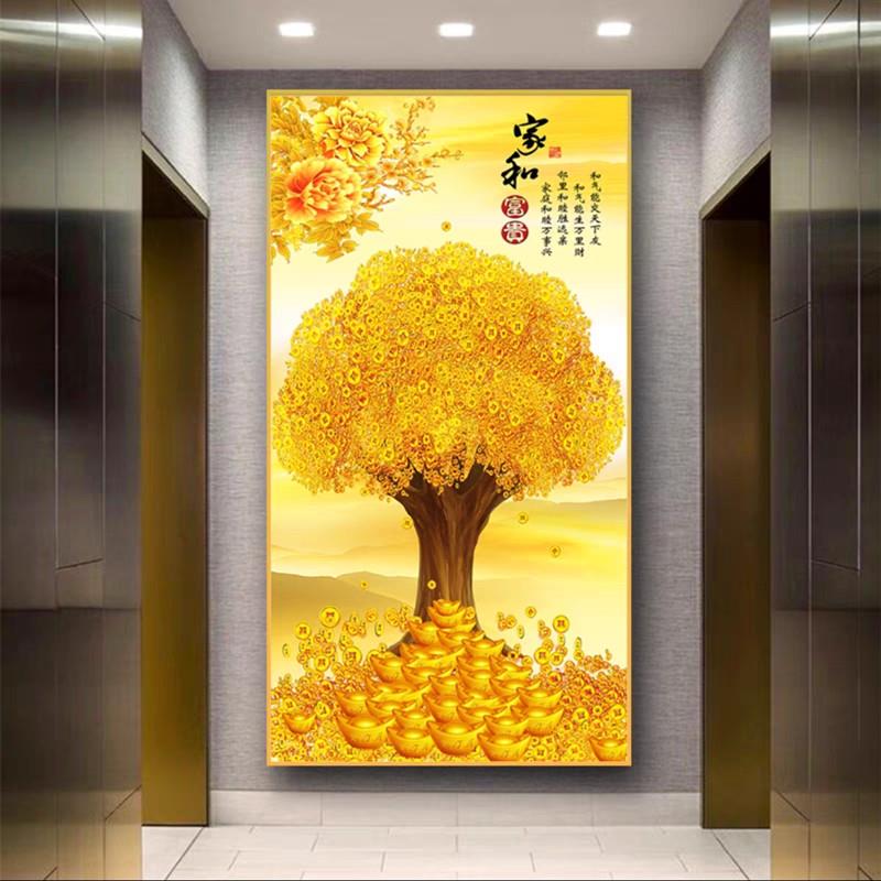 新中式发财树入户玄关装饰画财源广进招财摇钱树走廊过道墙壁挂画图片