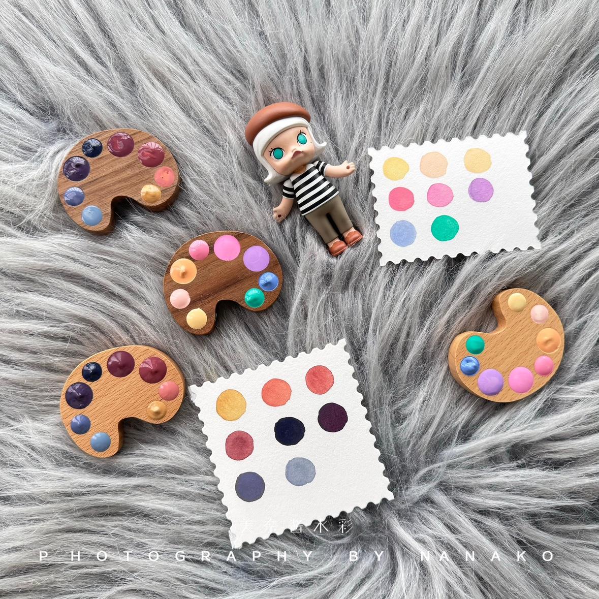 胡桃木水彩颜料美甲彩绘胶收纳盒摆拍道具盒子木质调色盘迷你木盒