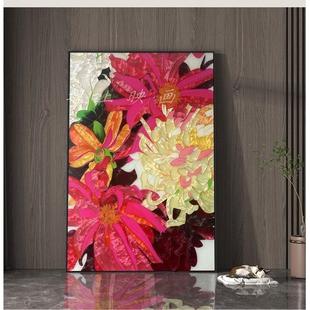 非手绘轻奢玄关珐琅彩装饰画新款餐厅挂画走廊过道壁画菊花牡丹