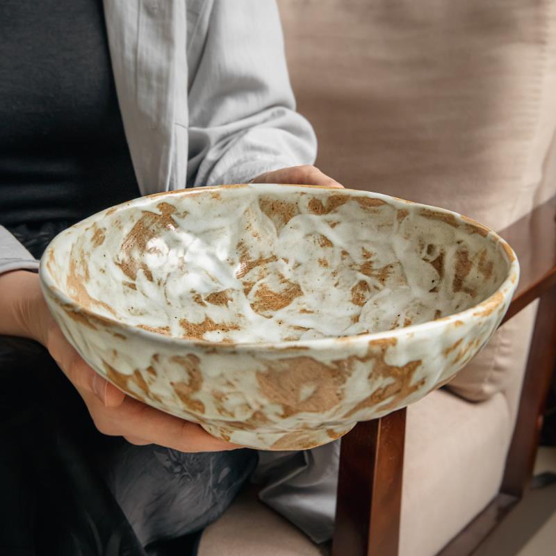 巷子尾〖手工肌理感〗侘寂粗陶8英寸高脚碗加厚菜碗覆古日式面碗