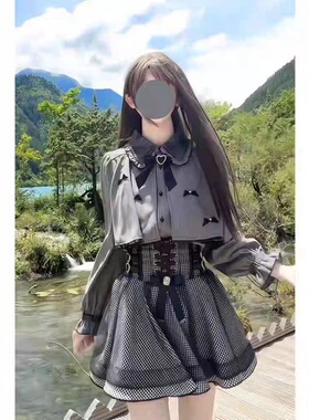 灰色格子裙哥特风姬袖腰封提拉裙洛丽塔lolita裙优雅华丽重工