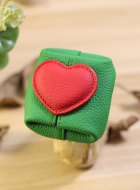 头层牛皮爱心小钱包女绿色便携零钱包可爱撞色迷你收纳包