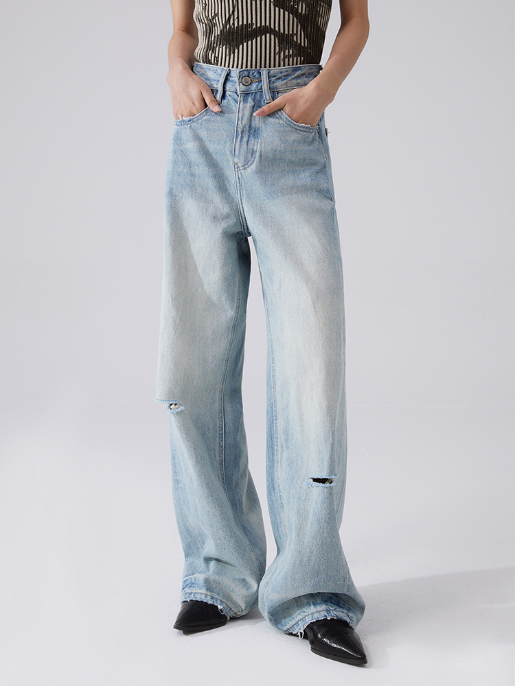 REMOULD 2024夏新款美式潮破洞宽松浅蓝直筒辣妹薄款阔腿牛仔裤女