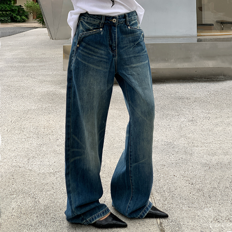 复古破洞洗水低腰牛仔女裤