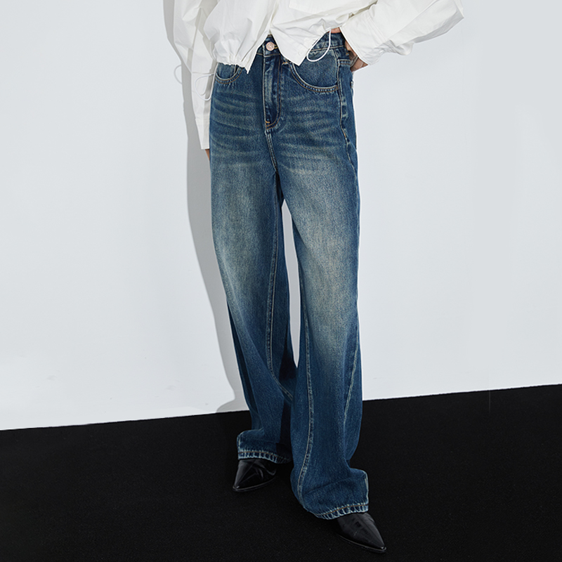REMOULD 秋季美式复古高街宽松高腰经典百搭直筒深蓝牛仔阔腿裤女