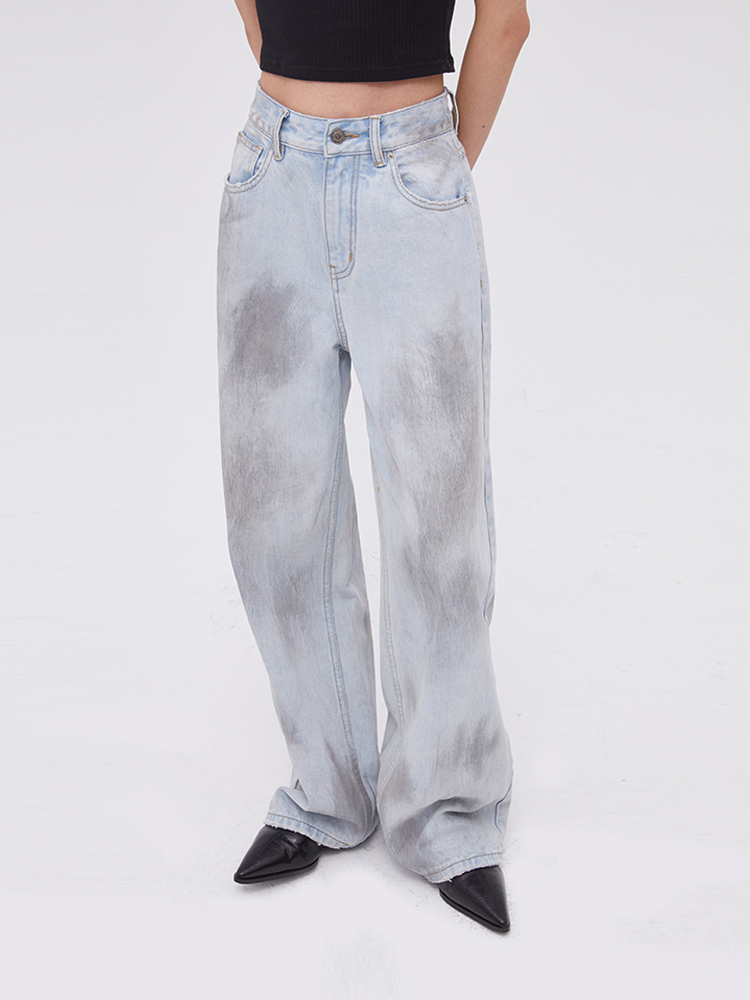 REMOULD 2024春款美式复古做旧涂脏高腰宽松阔腿脏染牛仔拖地裤女
