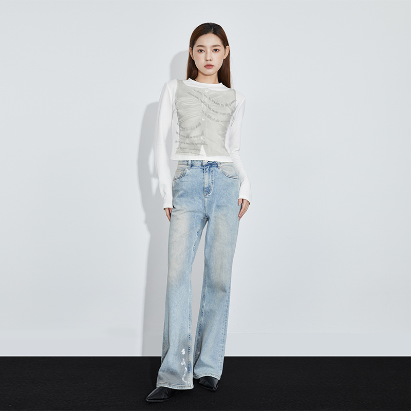 REMOULD 2024秋季新款小众做旧涂脏泼墨设计高腰宽松微喇牛仔裤女