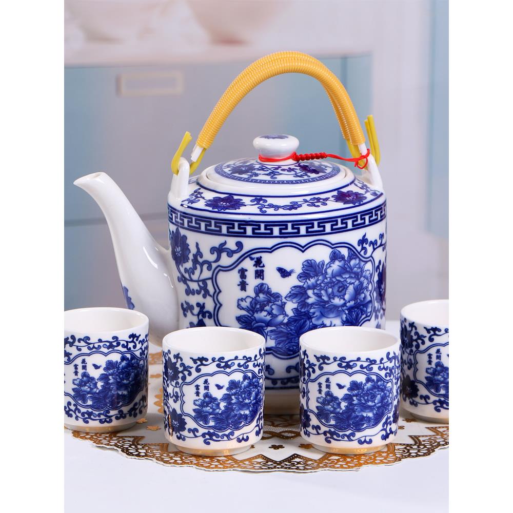 景德镇茶壶大号青花瓷冷水壶家用陶瓷大容量凉水壶老式提梁壶泡茶