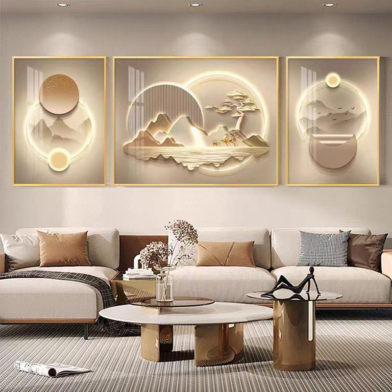 现代简约客厅装饰画福鹿呈祥沙发背景墙挂画轻奢高级感镶钻三联画图片