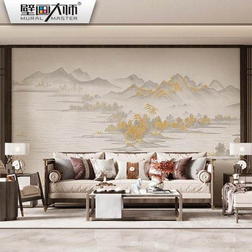 大气轻奢新中式客厅山水壁布饭店餐厅装修墙布背景墙壁画硬包壁纸