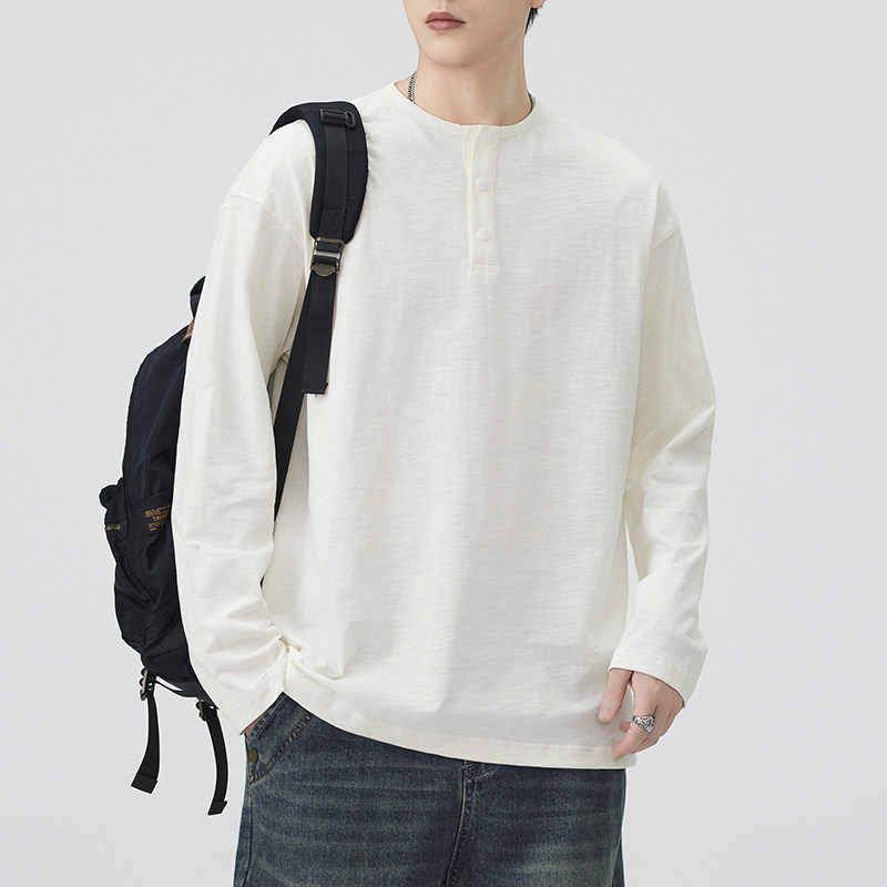 亨利领纯棉长袖T恤男款2025新款秋季宽松休闲纯色打底衫卫衣男士