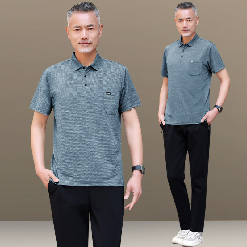 宽松中年男士夏季休闲运动服中老年爸爸夏装冰丝套装短袖长裤薄款