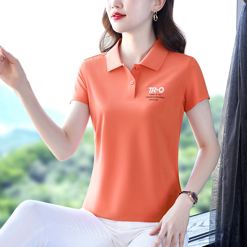 冰丝短袖t恤女宽松时尚气质年轻妈妈polo衫T恤夏天翻领上衣显瘦