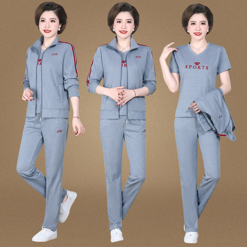 中老年妈妈春装运动服外套大码春秋中年人妇女休闲上衣服三件套装