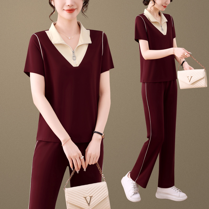 妈妈夏装洋气短袖t恤中老年女夏季休闲运动服套装大码卫衣两件套