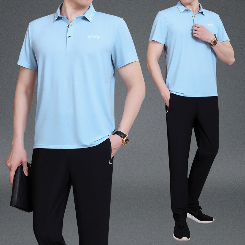 父亲节衣服爸爸夏装套装冰丝2025新款中老年运动套装男士短袖t恤