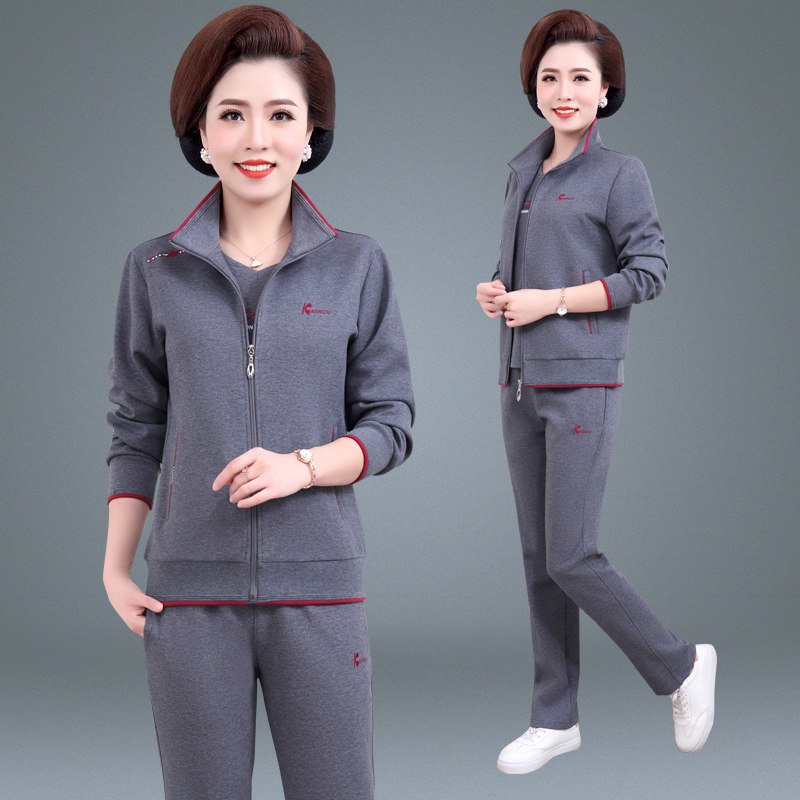 妈妈运动服套装春秋洋气中年人上衣40岁50中老年春装外套女三件套