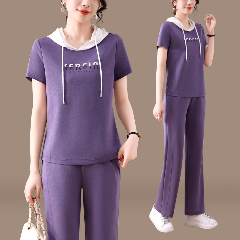 运动套装女夏季薄款2025新款宽松洋气女士连帽短袖长裤休闲两件套