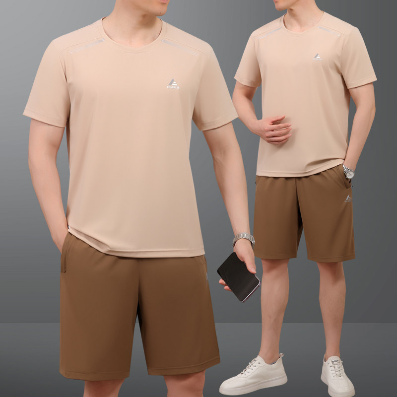爸爸夏装套装男士夏季冰丝圆领短袖短裤t恤中老年人时尚运动衣服