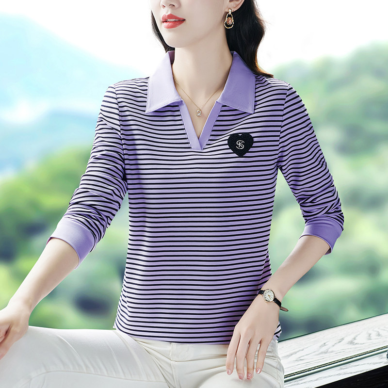 翻领长袖t恤女春秋2024新款妈妈中年气质时尚polo衫宽松上衣体恤