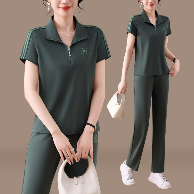 妈妈夏装短袖t恤女宽松运动服套装中老年时尚气质休闲上衣两件套