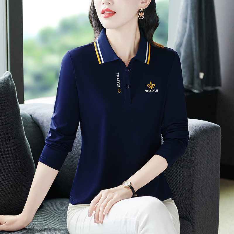 天丝长袖t恤女夏装气质高级妈妈polo衫宽松显瘦百搭上衣翻领大码
