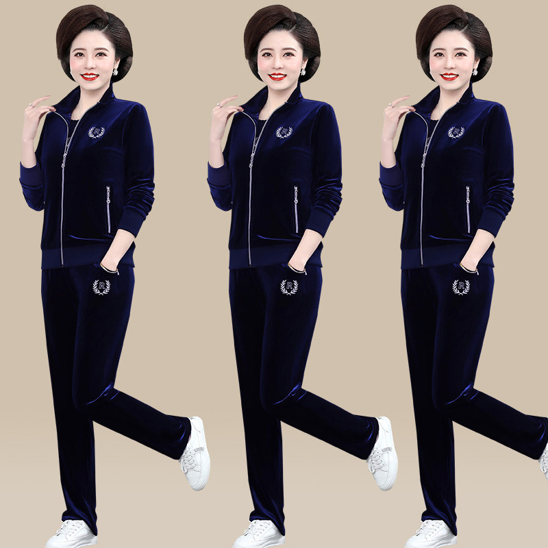 春秋装金丝绒套装女中老年女装运动装中年妈妈宽松大码洋气三件套