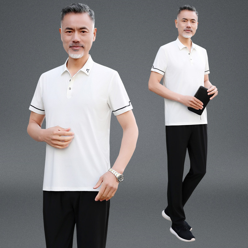 夏季冰丝短袖t恤男士大码爸爸装休闲两件套速干中老年运动服套装