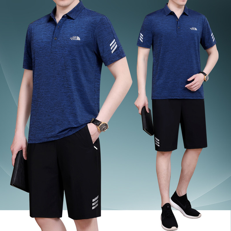 爸爸夏装冰丝运动套装男2023新款中老年短袖t恤休闲夏天速干衣服