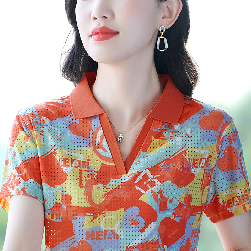 2025冰丝运动POLO衫女夏季宽松显瘦大码印花短袖t恤女士上衣薄款