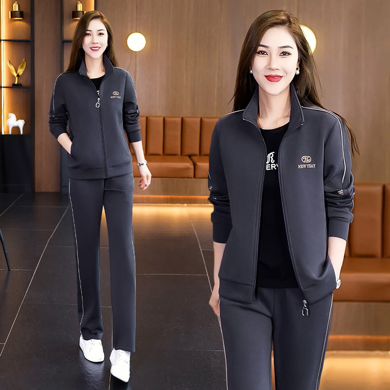 2025春秋运动服套装女时尚立领长袖外套休闲跑步中年妈妈装三件套